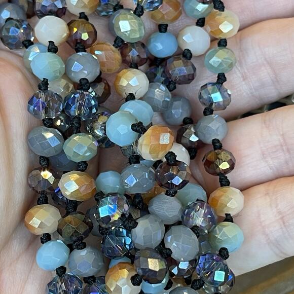 54” Hand Knotted Blue Multicolors Faceted Glass Bead Flapper Style Necklace - Picture 4 of 4